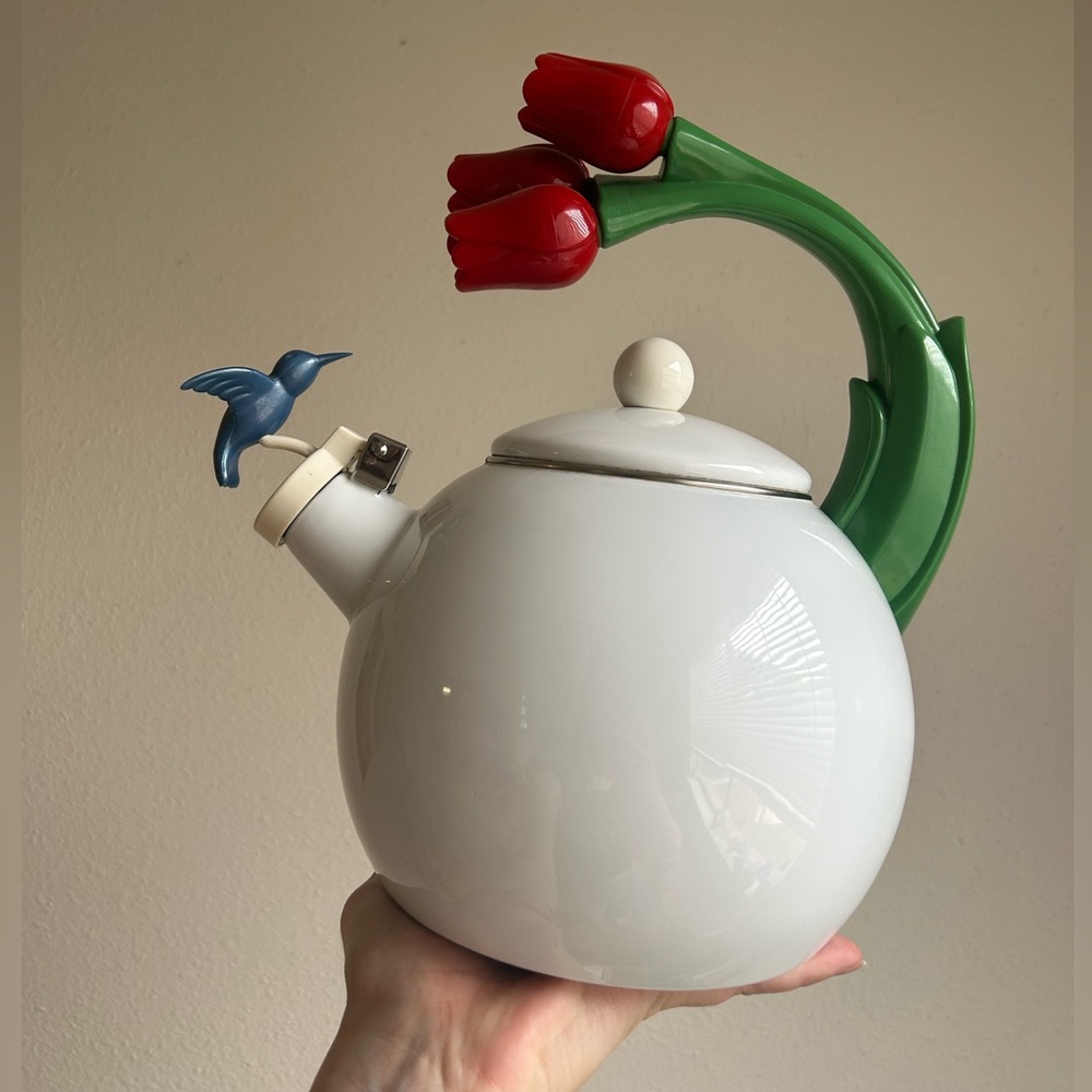 Vintage Via Ancona Hummingbird Tulip Tea Kettle Teapot